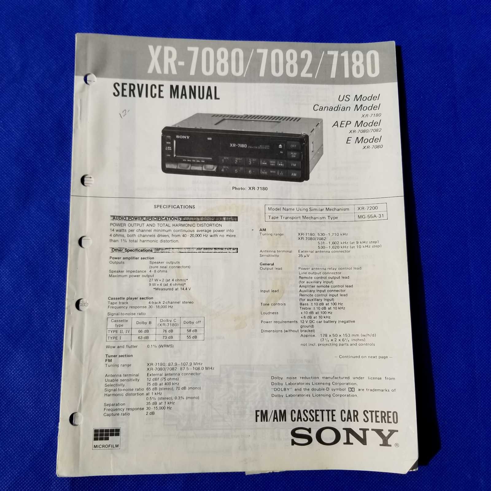 SONY XR-7080 XR-7082 XR-7180 Service Manual Original Paper OEM Repair Guide - US