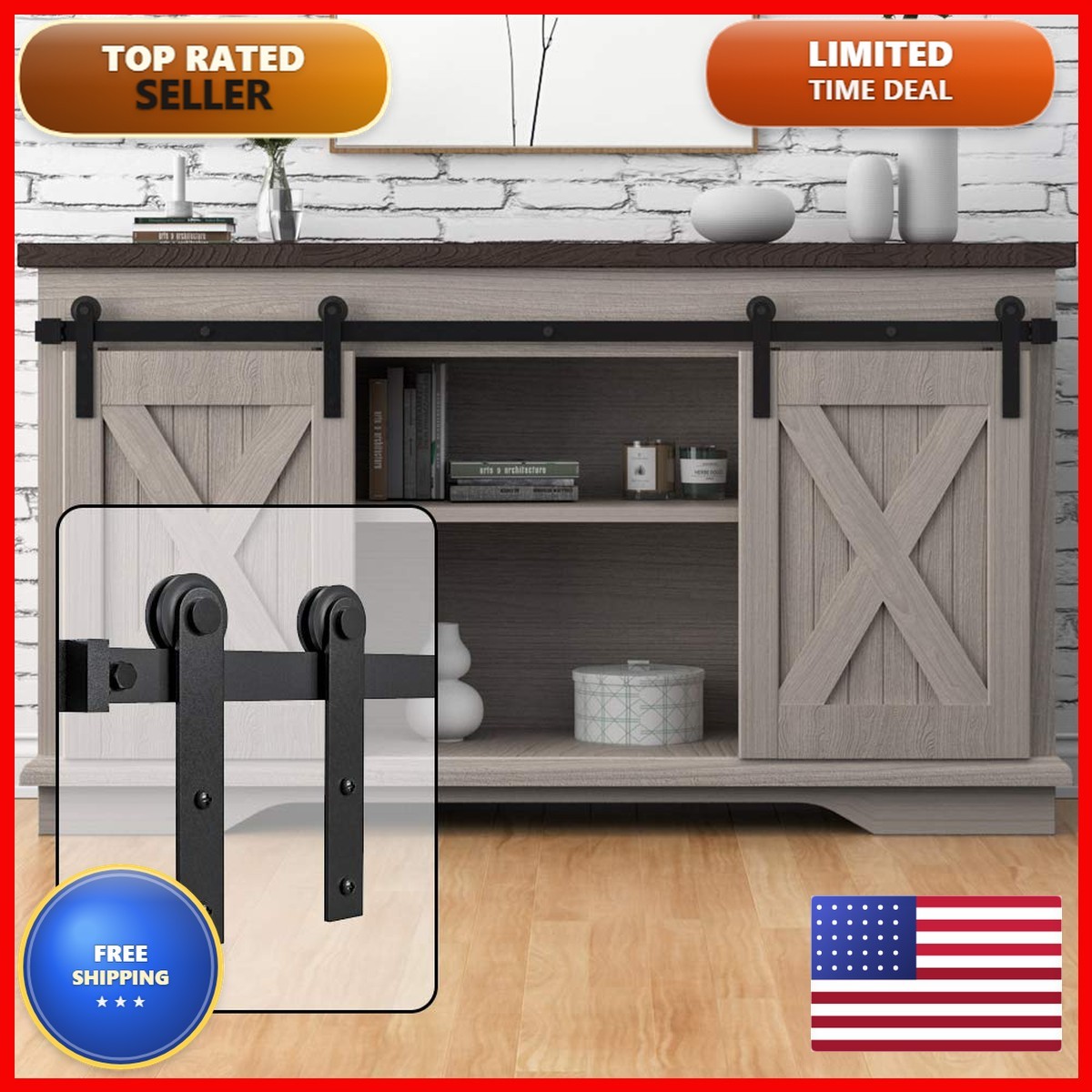 WINSOON 6FT Super Mini Barn Door Hardware Kit, Double Doors, I Shape Hanger