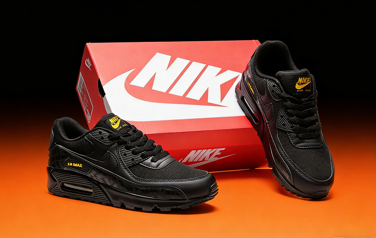 Nike Air Max 90 All Black with Yellow Accents Mens Casual Running Shoes Size7-13