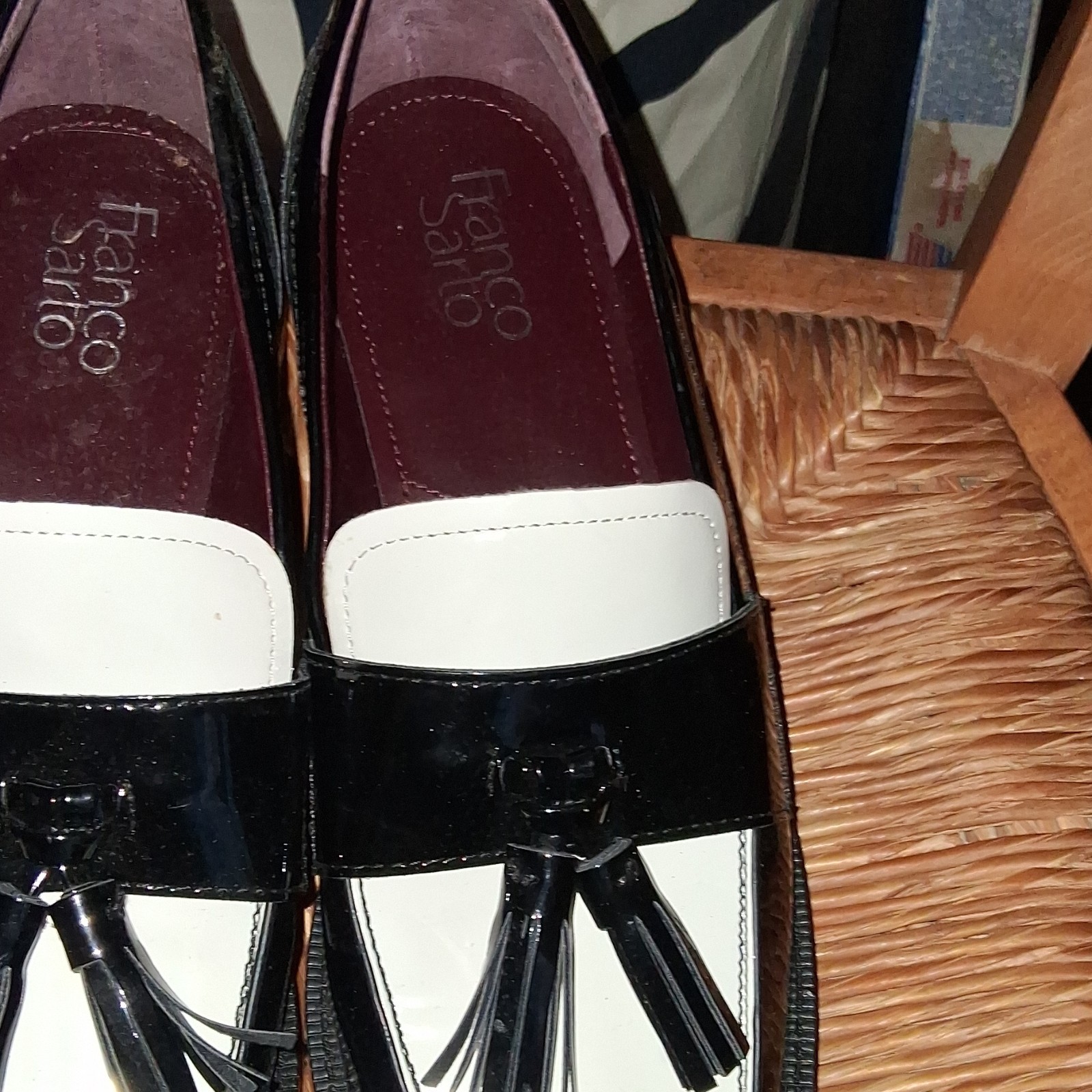 hi,Franco Sarto Women's Black White Patent Leather Tasseled Loafer Slip-On Flats
