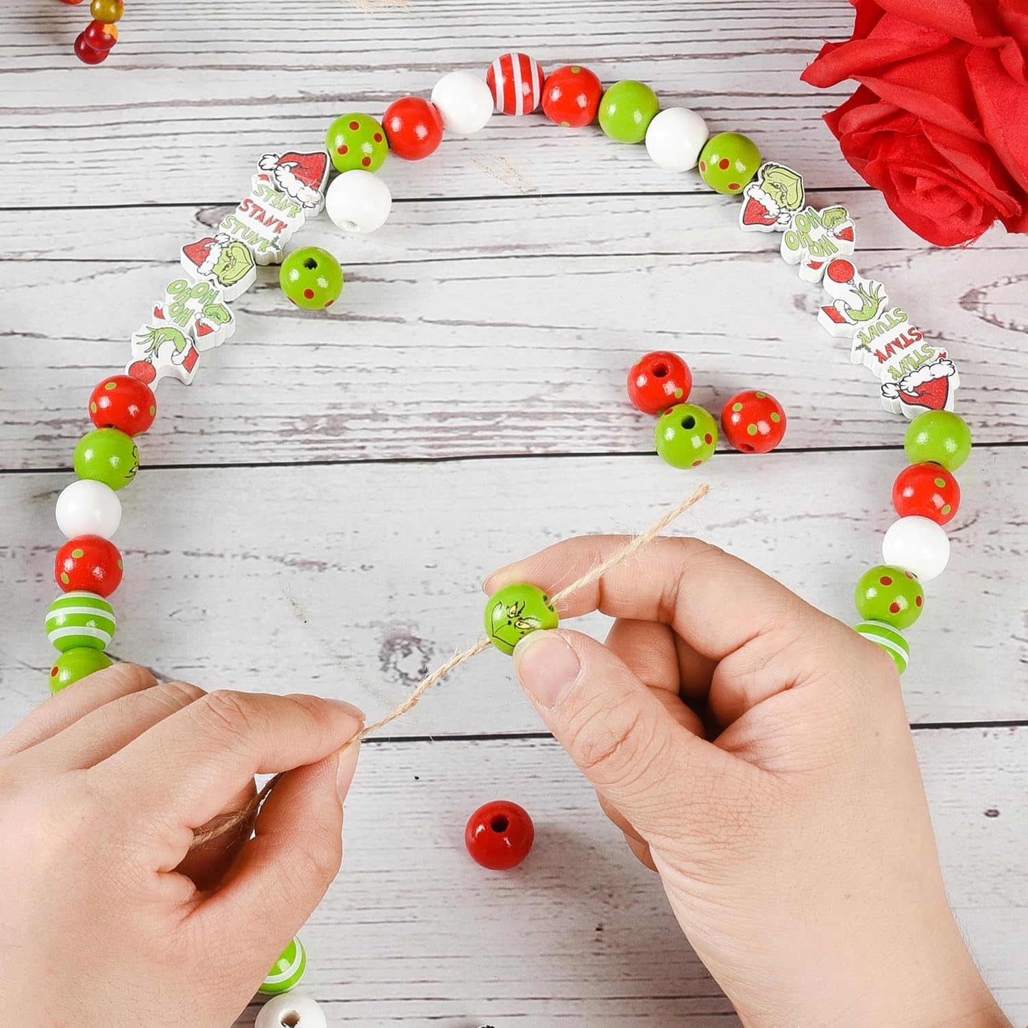 Wooden Christmas Beads - 240 Decorative Red Green Round Craft Beads