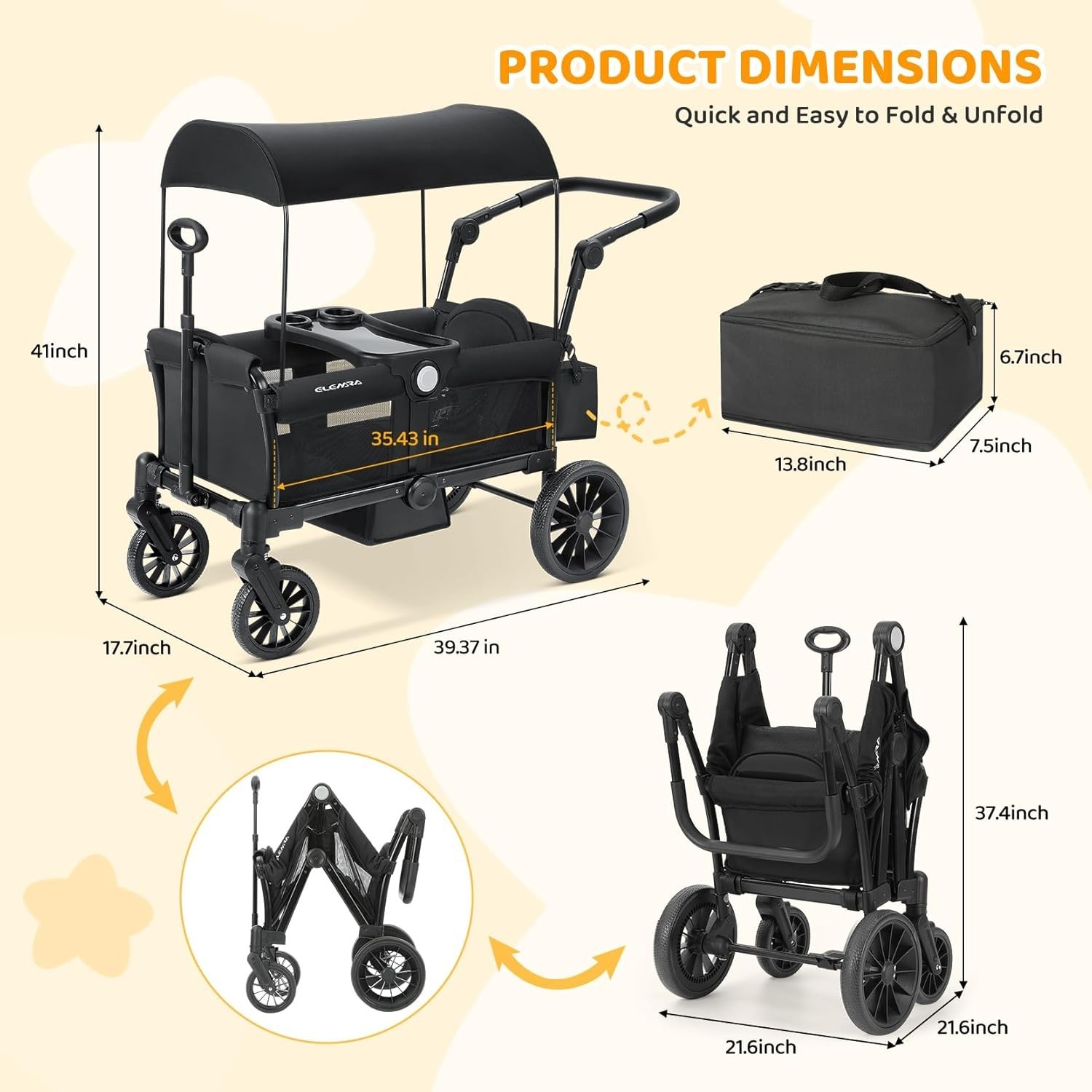 Foldable Wagon Stroller, Stroller Wagon for 2 Kids, All Terrain Wagon for Ki...