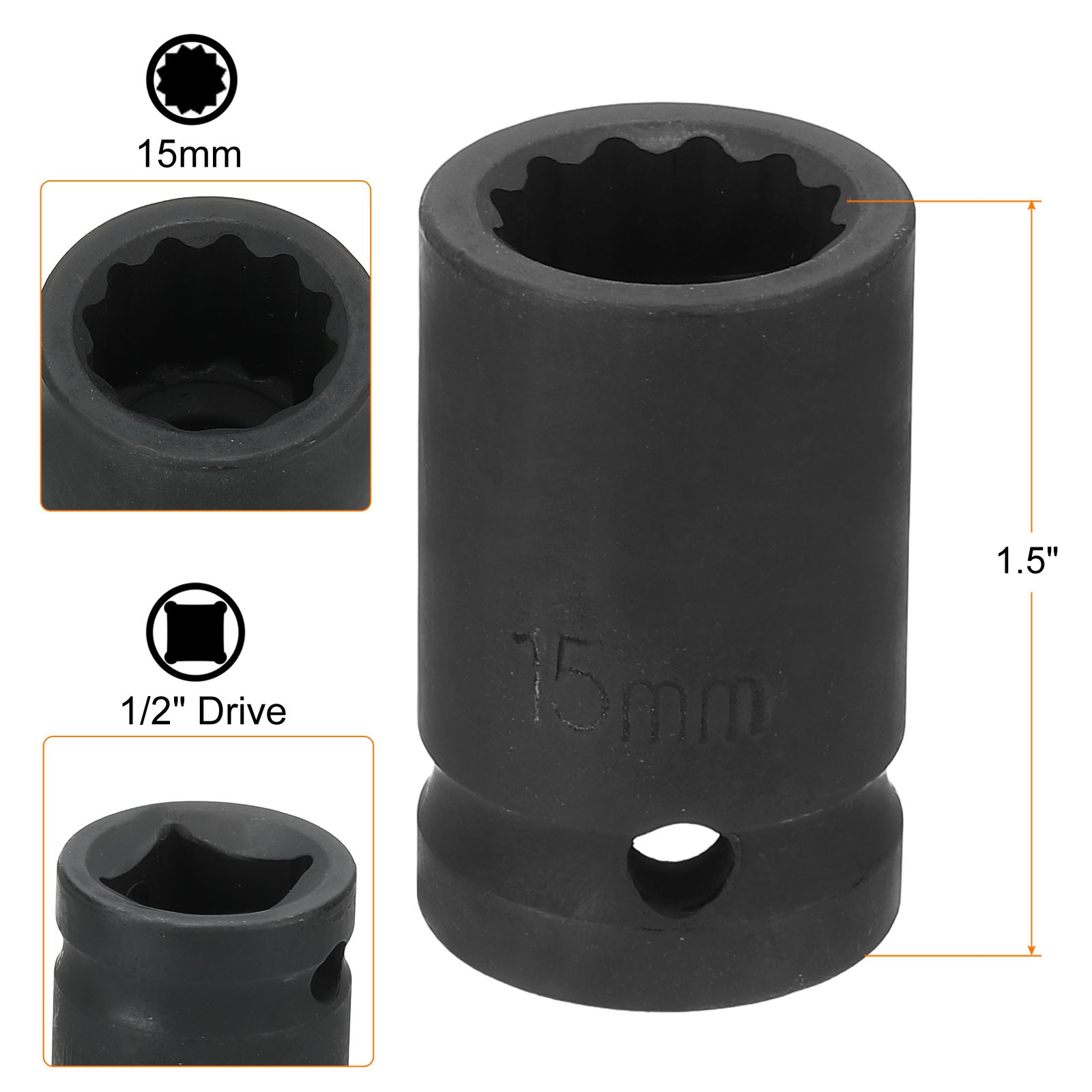 12Points Impact Socket 1/2" Drive 15mm Metric Cr-V Shallow Impact Socket