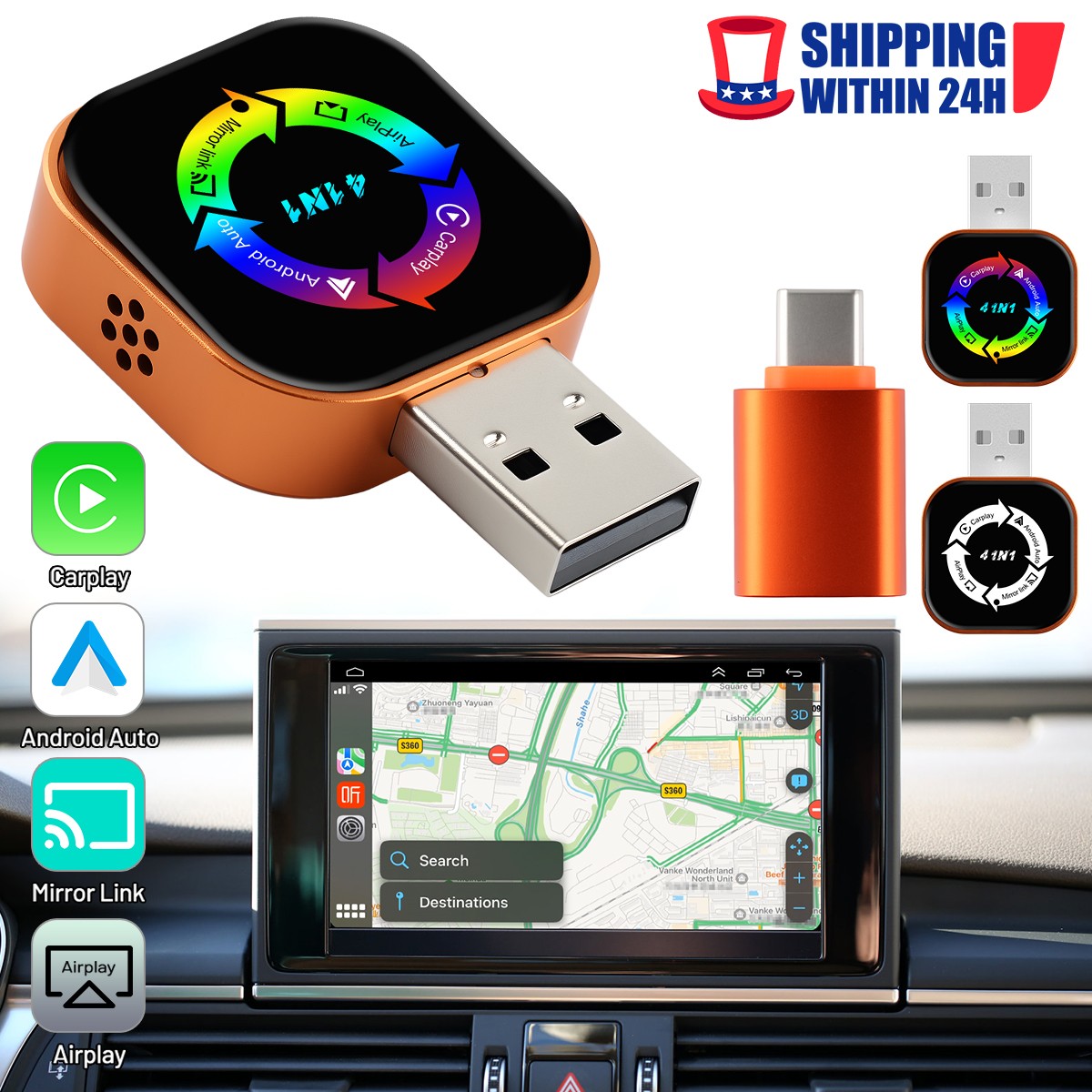4-IN-1 Mini Carplay Adapter Wired to Wireless CarPlay Android Auto Mirror Link