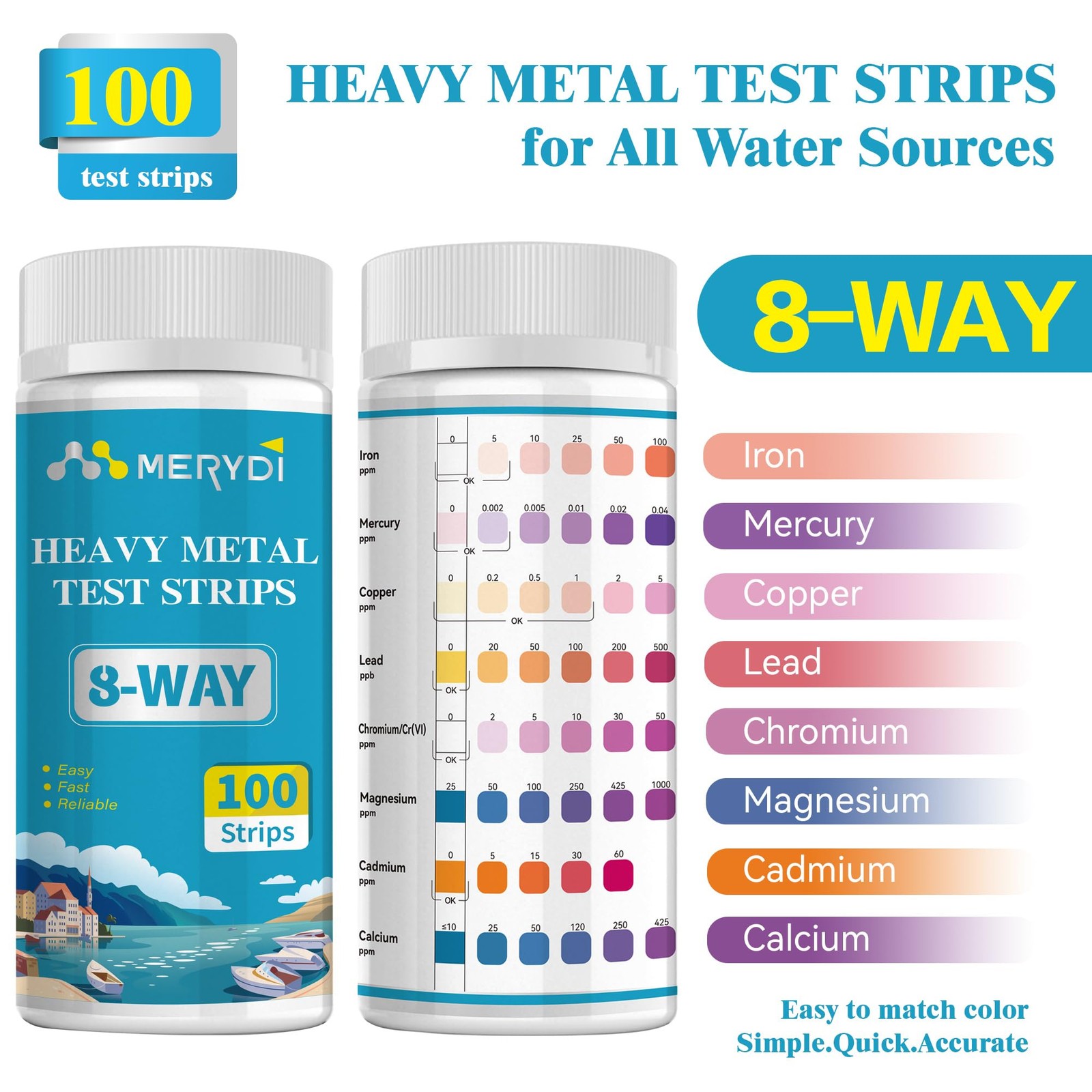 Heavy Metals Water Test Strips (8 Tests) - 100ct Home Testing Kit for...