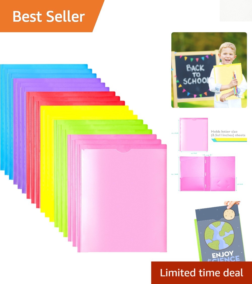 Colorful 18-Piece Heavy Duty Folder Set with Prongs & Clear Front Pocket