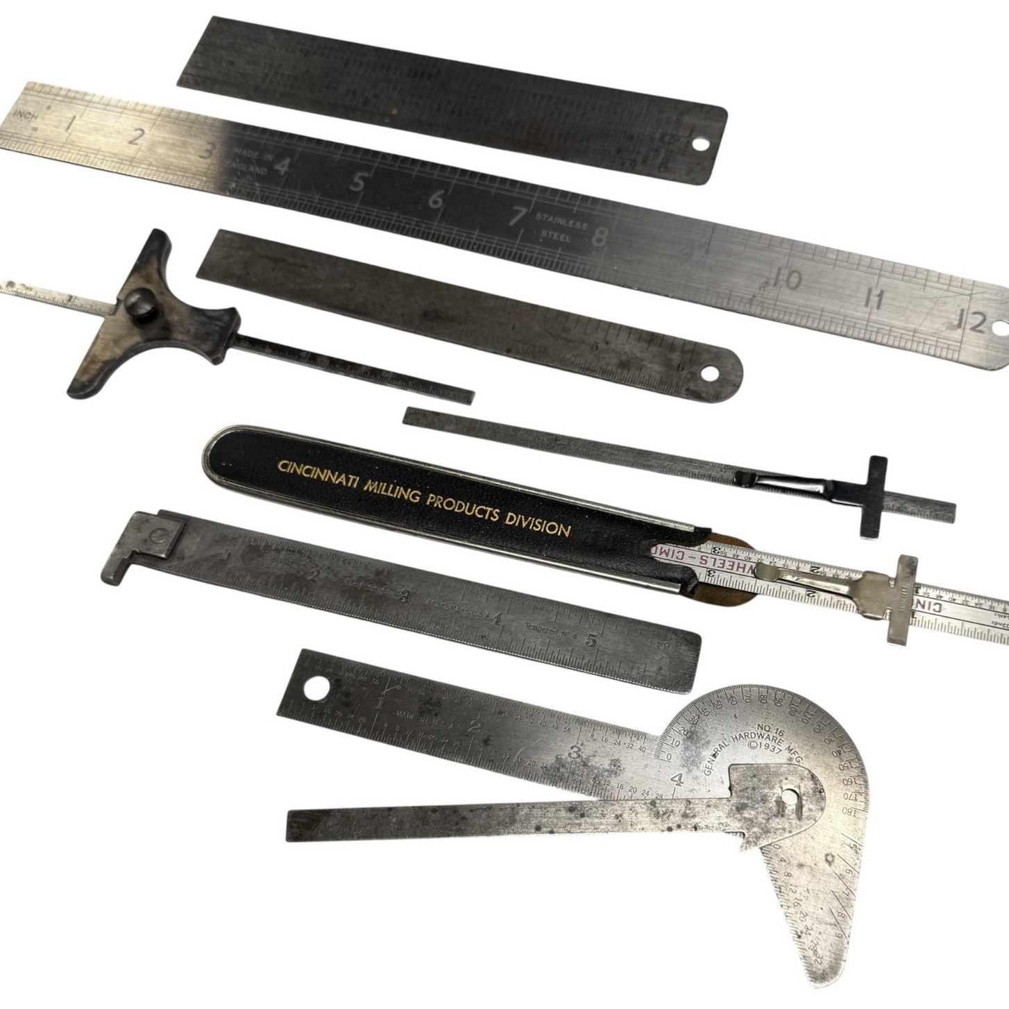 Lot of 8 Vintage Machinist Rulers Starrett Cincinnati General Tempered Steel