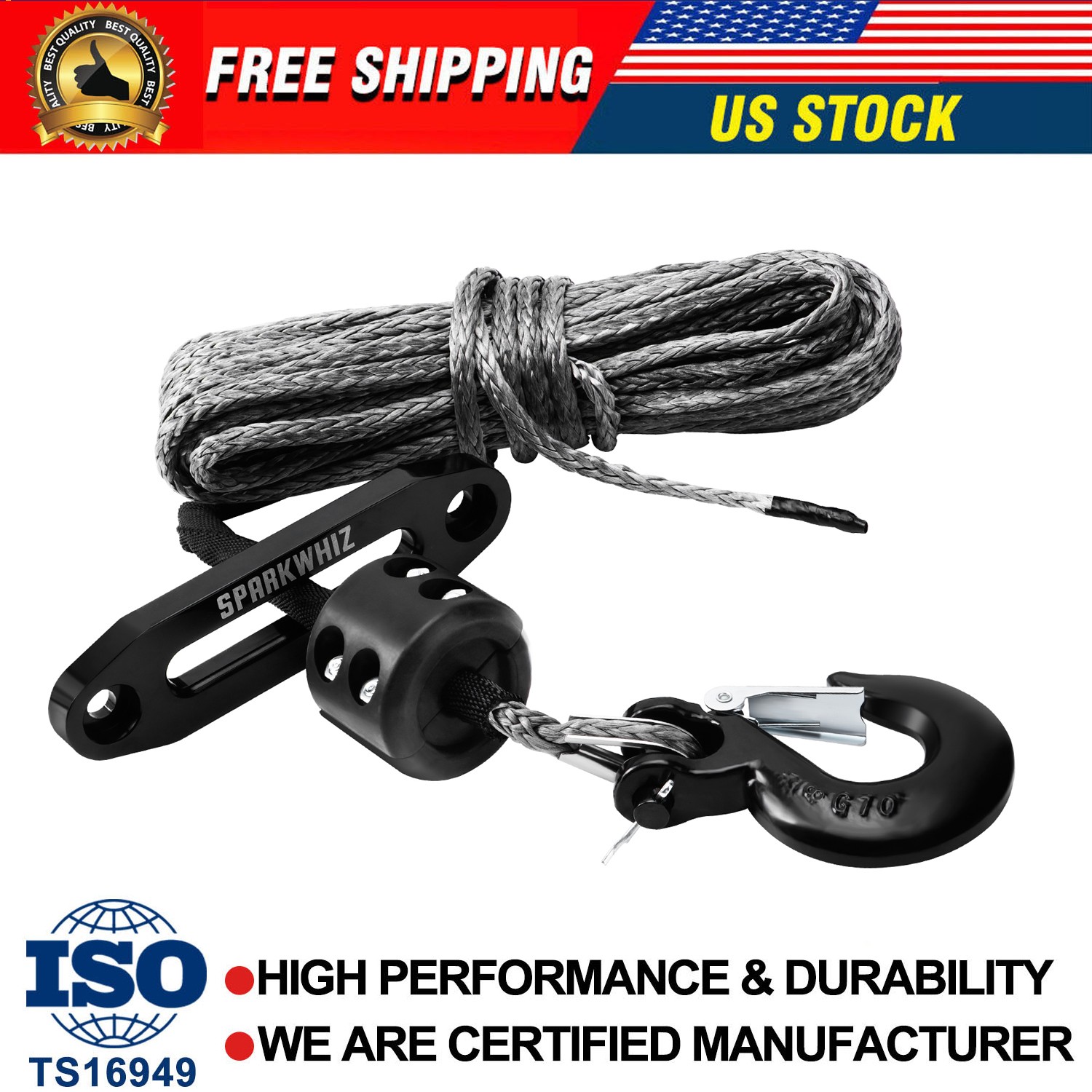 1/4"x50' 10000LB Synthetic Winch Rope Line Cable Rock Guard Hook Stopper Kit New