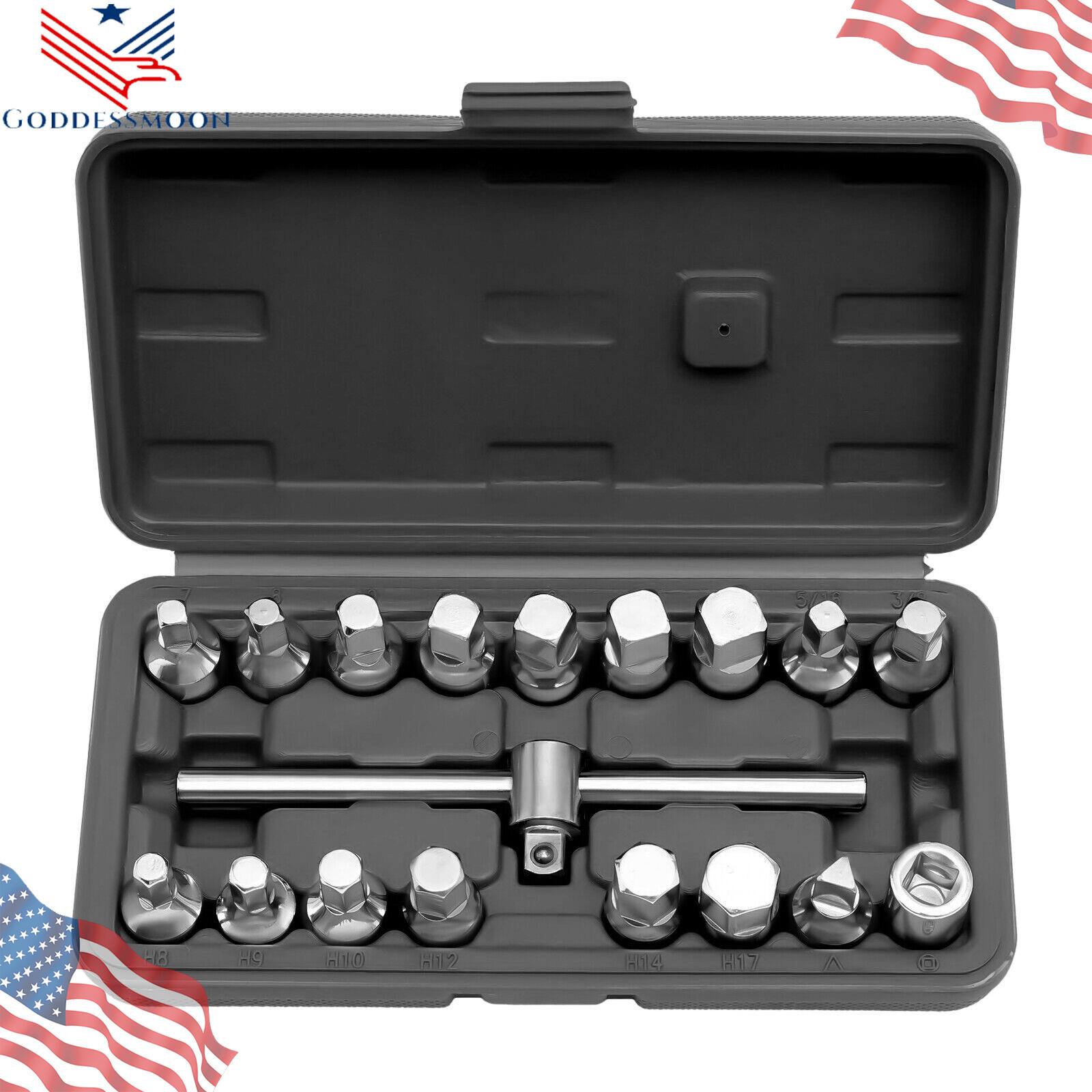Oil Drain Pipe Plug Hexagon Square Socket Key Removal Tool Set 18Pcs 3/8''Drive