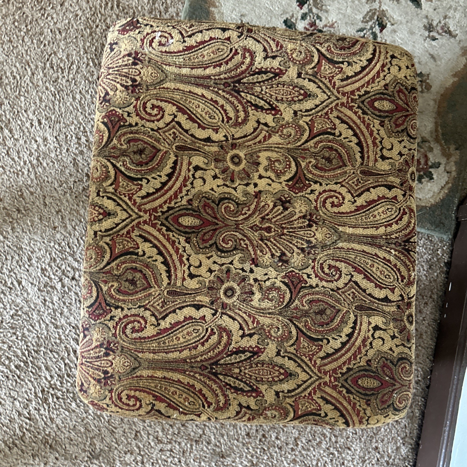 Wood Footstool- Vtg Rocking Floral Tapestry Upholstered Padded Wooden Stool