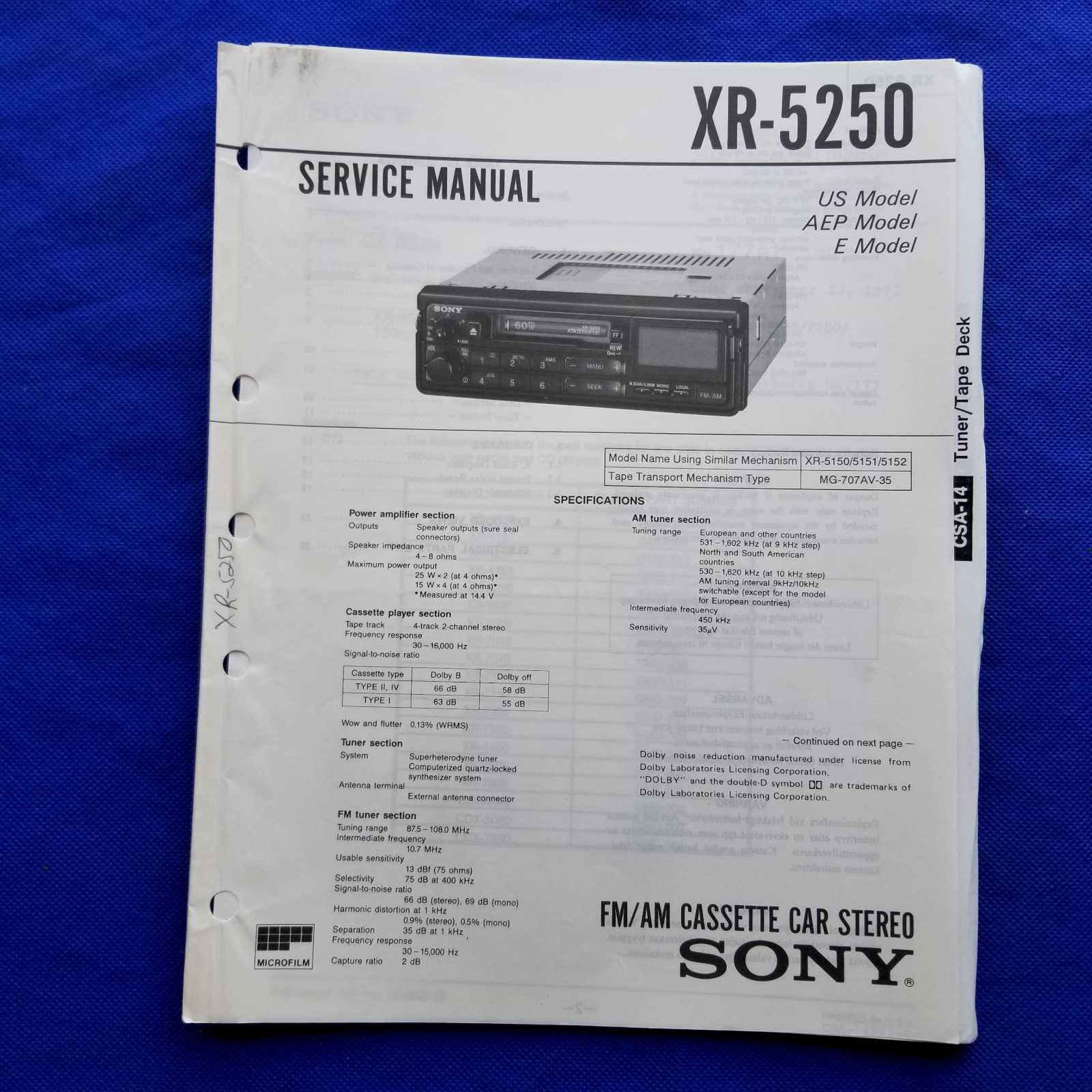 SONY XR-5250 Service Manual Original Paper OEM Repair Guide - USA
