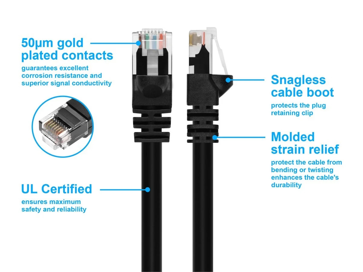 Cat6 Ethernet Patch Cable Network Internet Cord RJ45 Stranded UTP 24AWG 3' Black