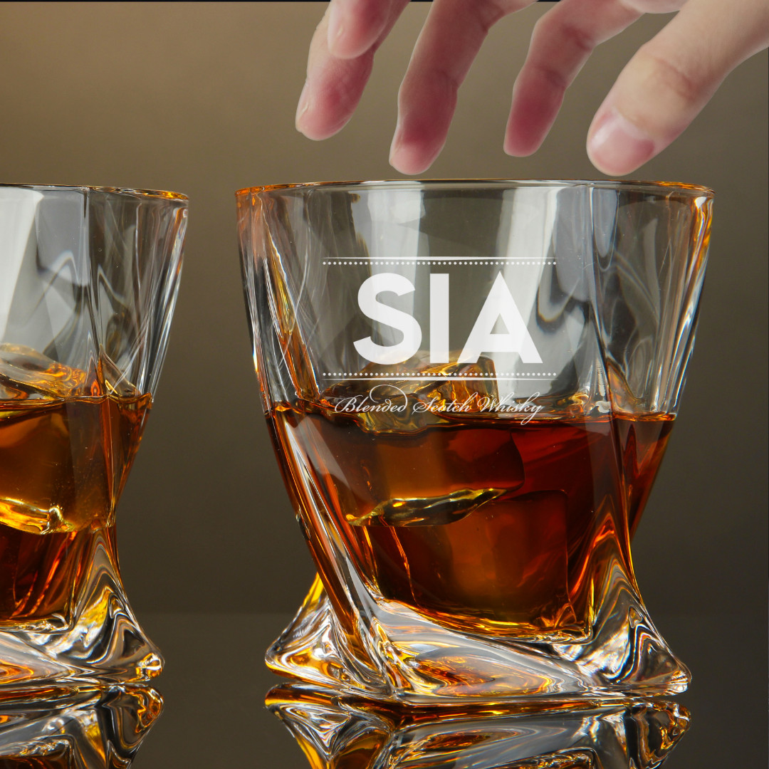 Custom Engraved SIA Blended Scotch Whiskey Glass – 10 oz Twisted Rocks Glass