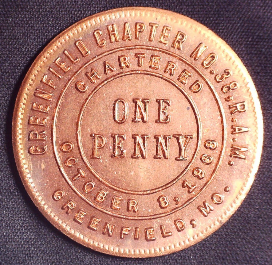 Greenfield Chapter No 38 Masonic Penny Token Greenfield Missouri