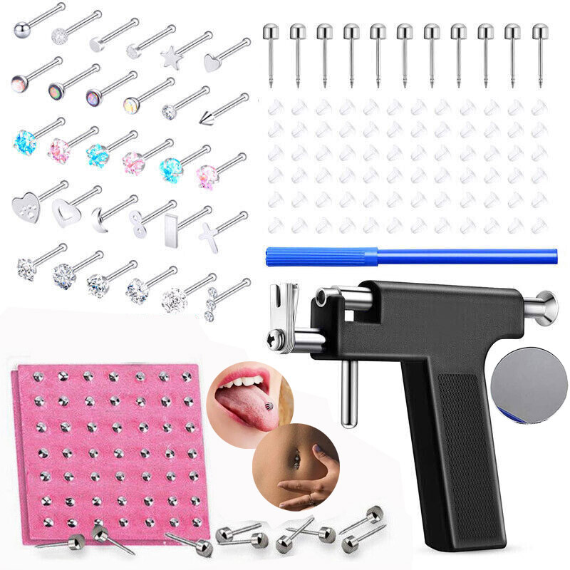 Professional DIY Ear Piercing Gun 128Pcs Body Nose Navel Tool Kits Jewelry Studs