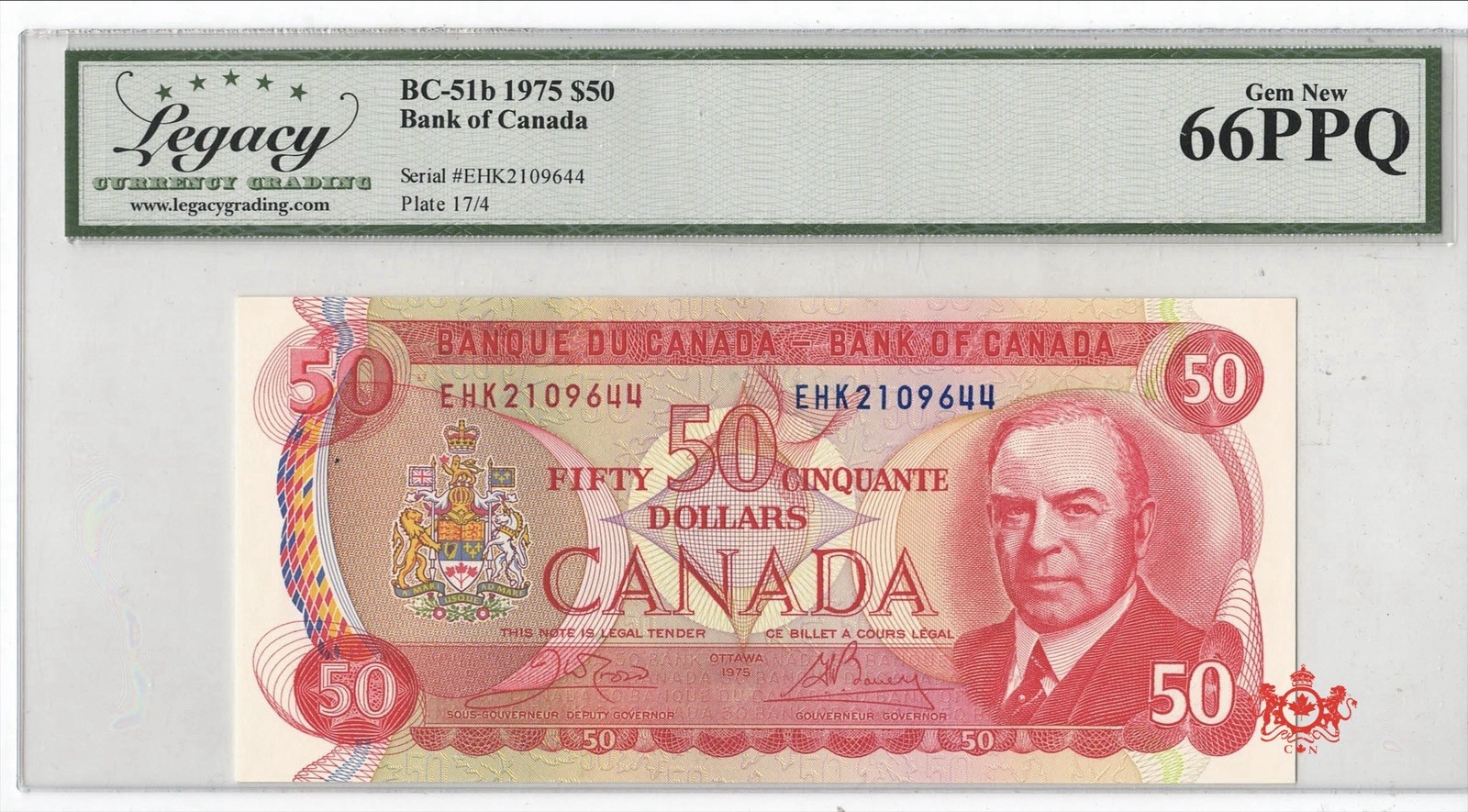 1975 Bank Of Canada 50$ Crow/Bouey EHK2109644 - Legacy UNC66PPQ -