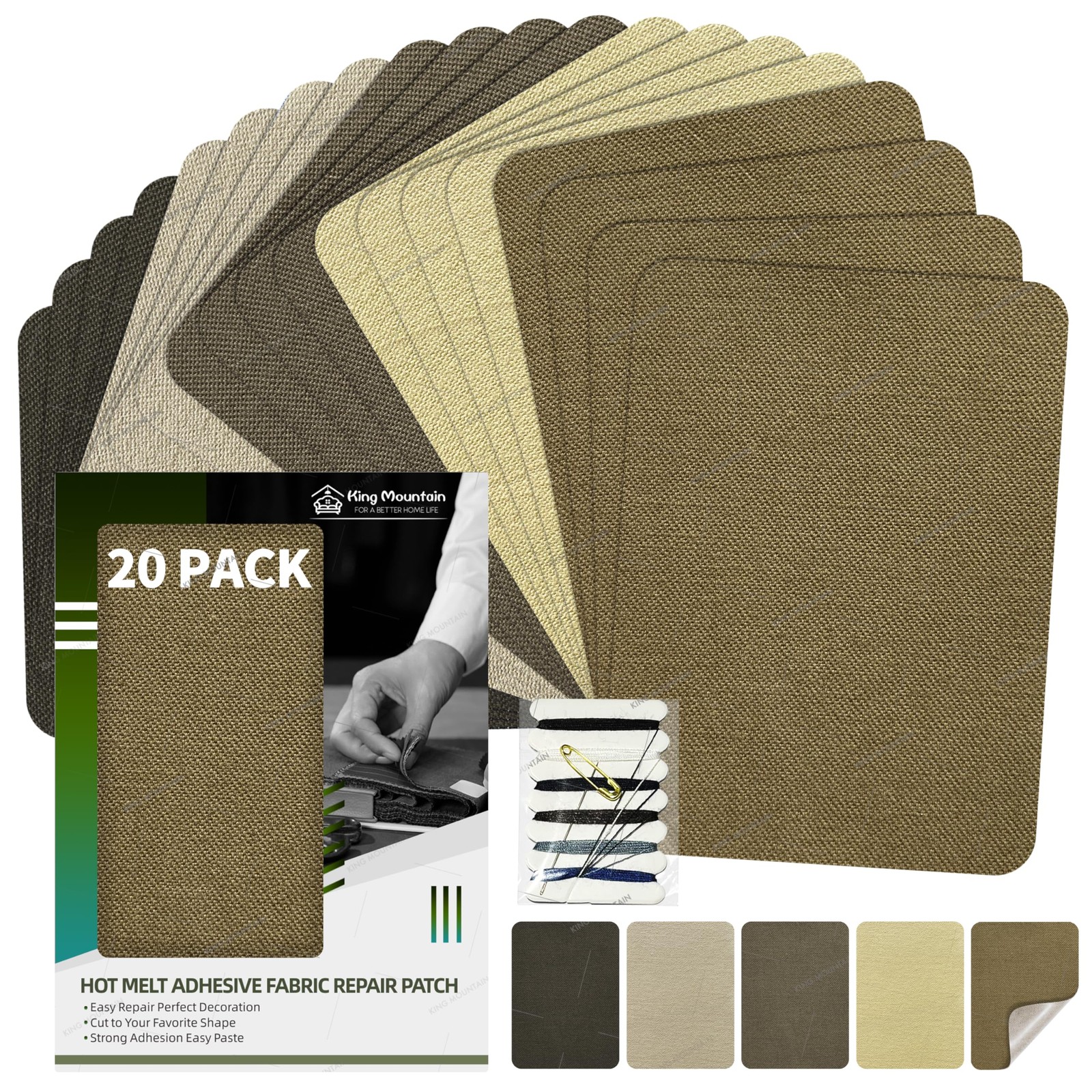 KING MOUNTAIN Iron-on Repair Patch 20 Pcs Cotton-3"x4-1/4", Five Browns