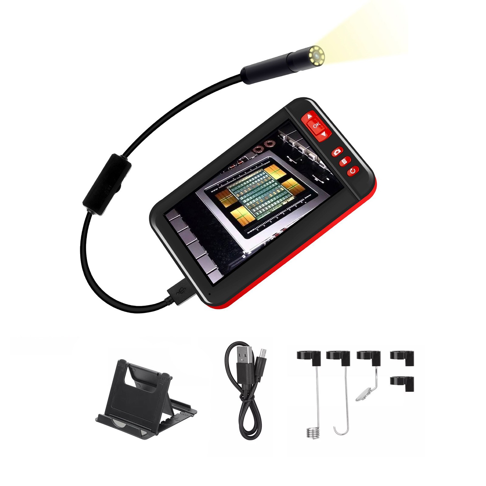 2 Meters Cable Industrial Endoscope - 1080P 4.3in Screen, 8 LED Lights