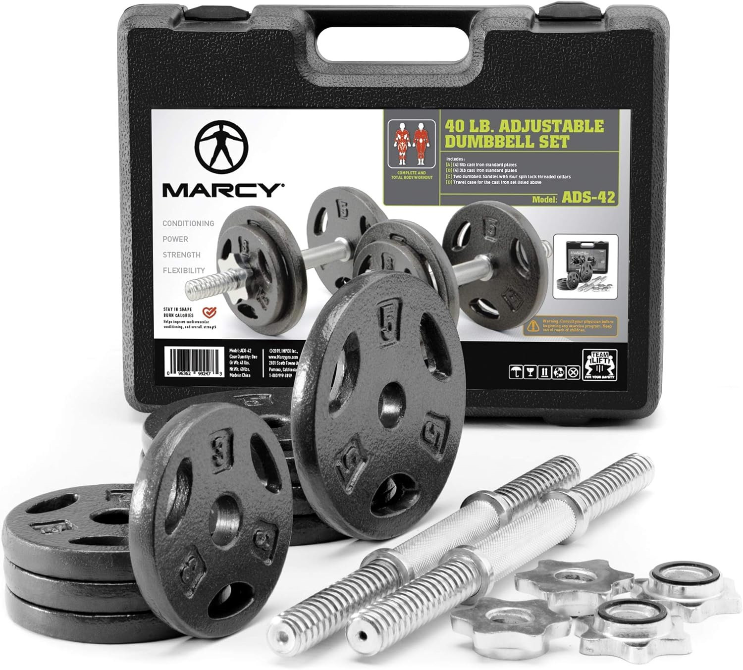 Marcy Adjustable Cast Iron Dumbbell Set with Case, Plates, Handles and Collars A