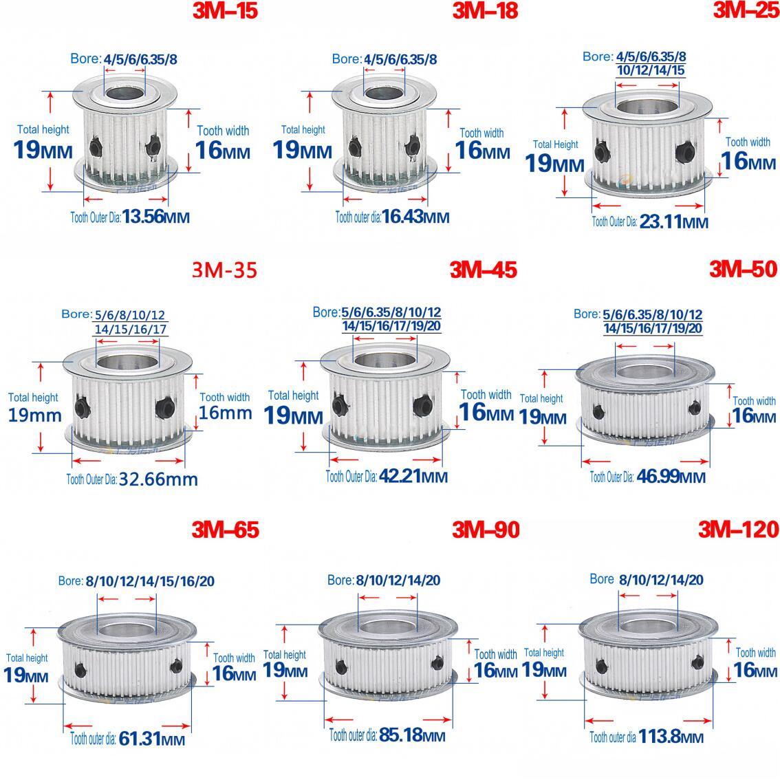 3M 12T-120T Pitch 3mm Tooth Width 16mm Timing Belt Pulley Synchronous Wheel Gear