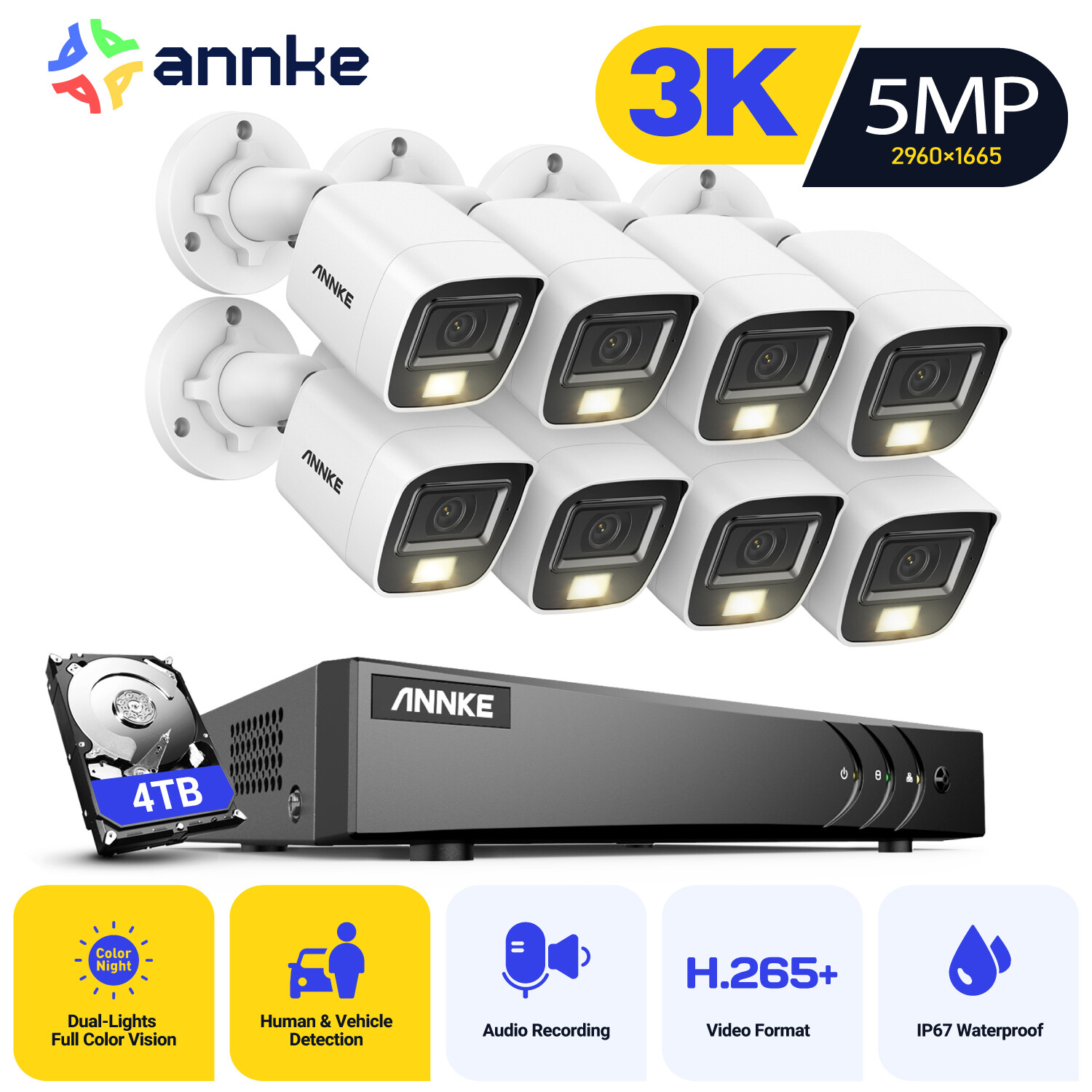 ANNKE 5MP 8CH DVR Audio Security Camera System Full Color Night Vision H.265+