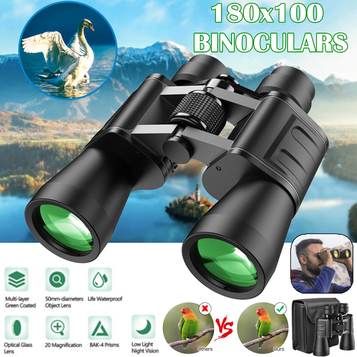 180x100 Military Zoom Powerful Binoculars Day/Low Night Hunting Camping Outdoor