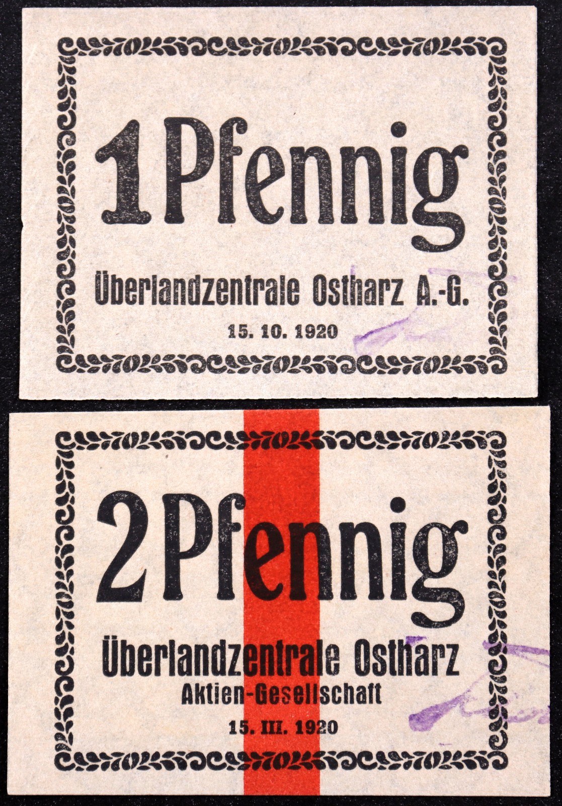 DESSAU 1920 RARE "Überlandzentrale Ostharz" Complete Set 1 + 2 Pf German Notgeld