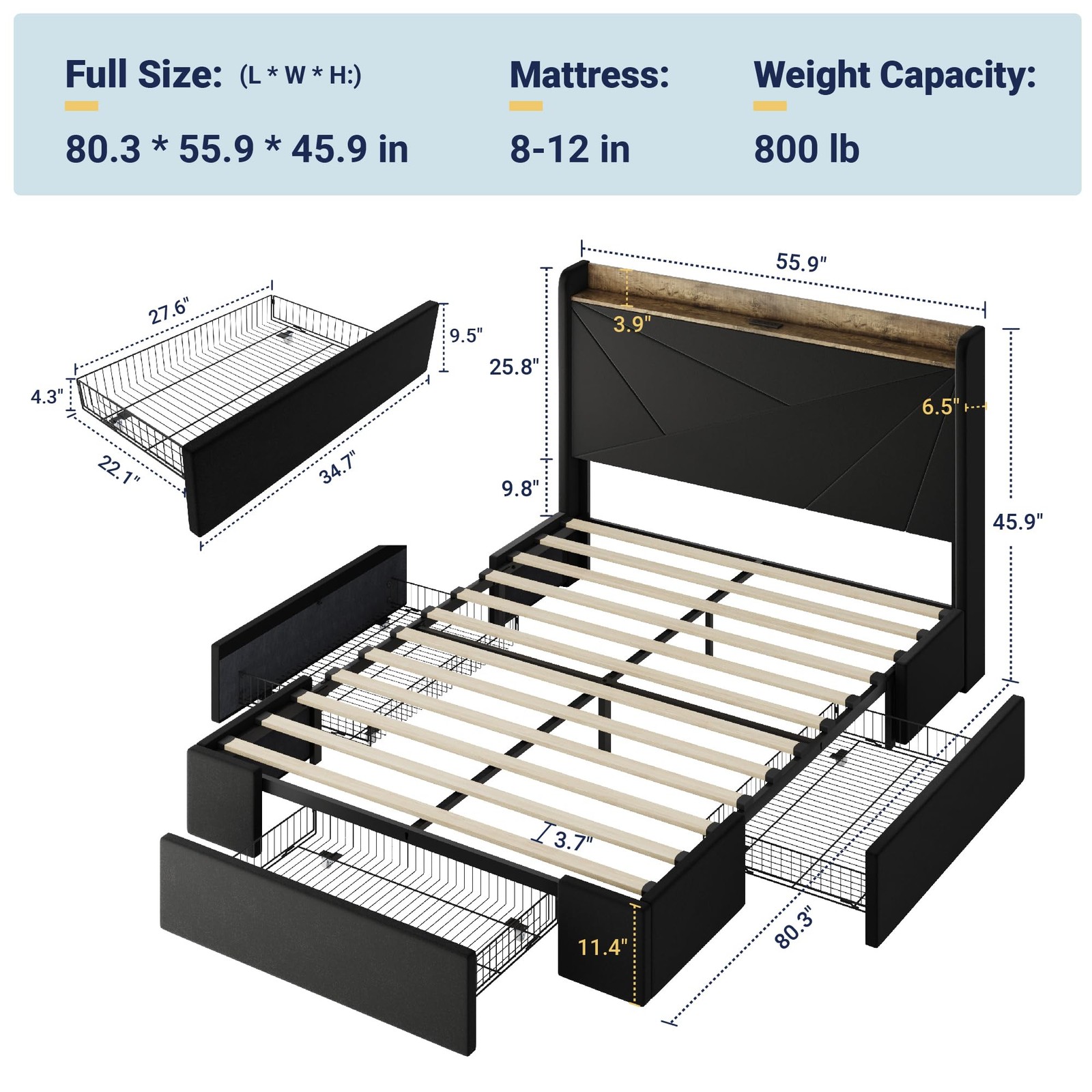 Full Size Velvet Bed Frame with 3 Storage Drawers, Upholstered Platform Bed w...