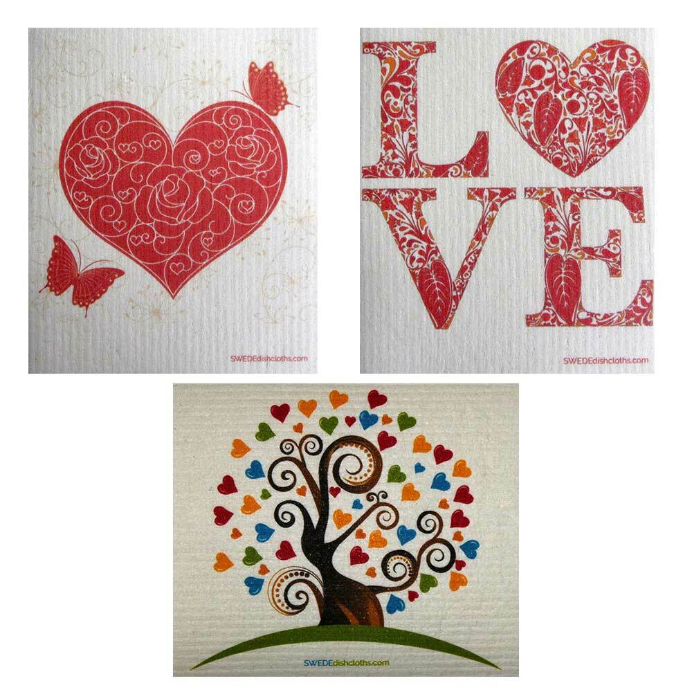 Mixed Valentine Set of 3 cloths (One of each design) Swedish Dishcloths | ECO Fr