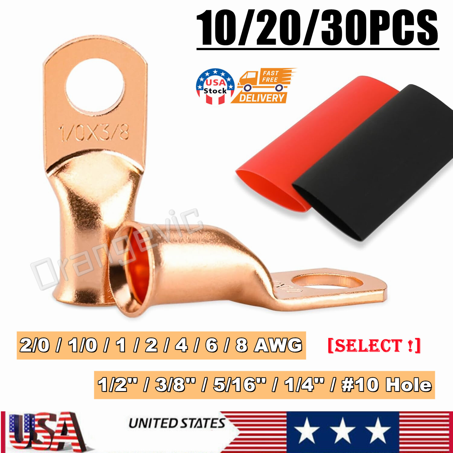 10/30Pcs Bare Copper Battery Lugs 1/0 - 8AWG Cable Ring Terminal Wire Connectors