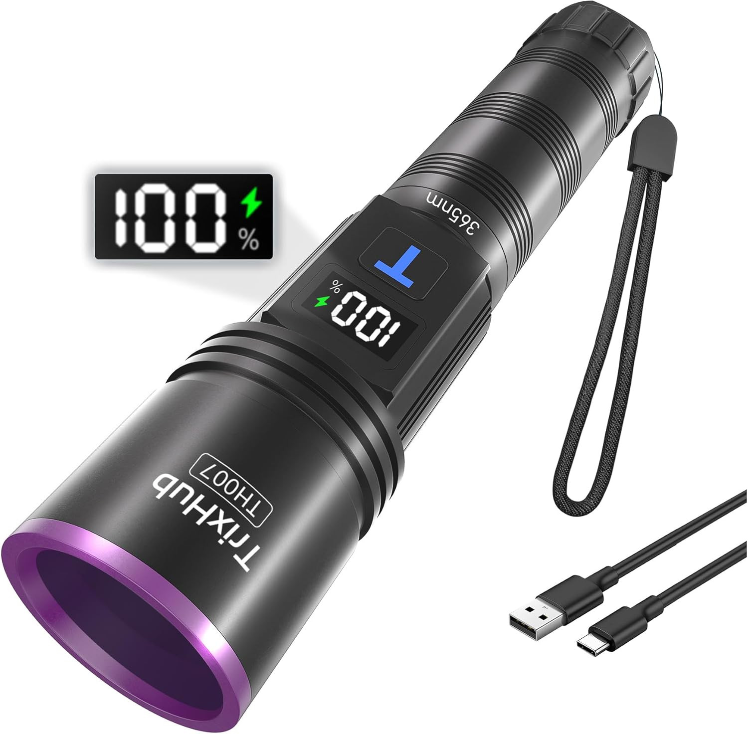 365Nm Black Light Flashlight, UV Flashlight Rechargeable with LCD Display, Power