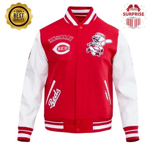Men's C R Retro Red Wool White Sleeves Jacket Letterman Bomber Varsity Jacket