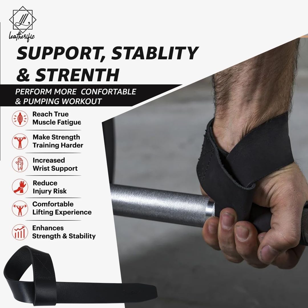 | Leather weight Lifting Wrist Straps | Set of 2, 20" Genuine Leather Grips f...