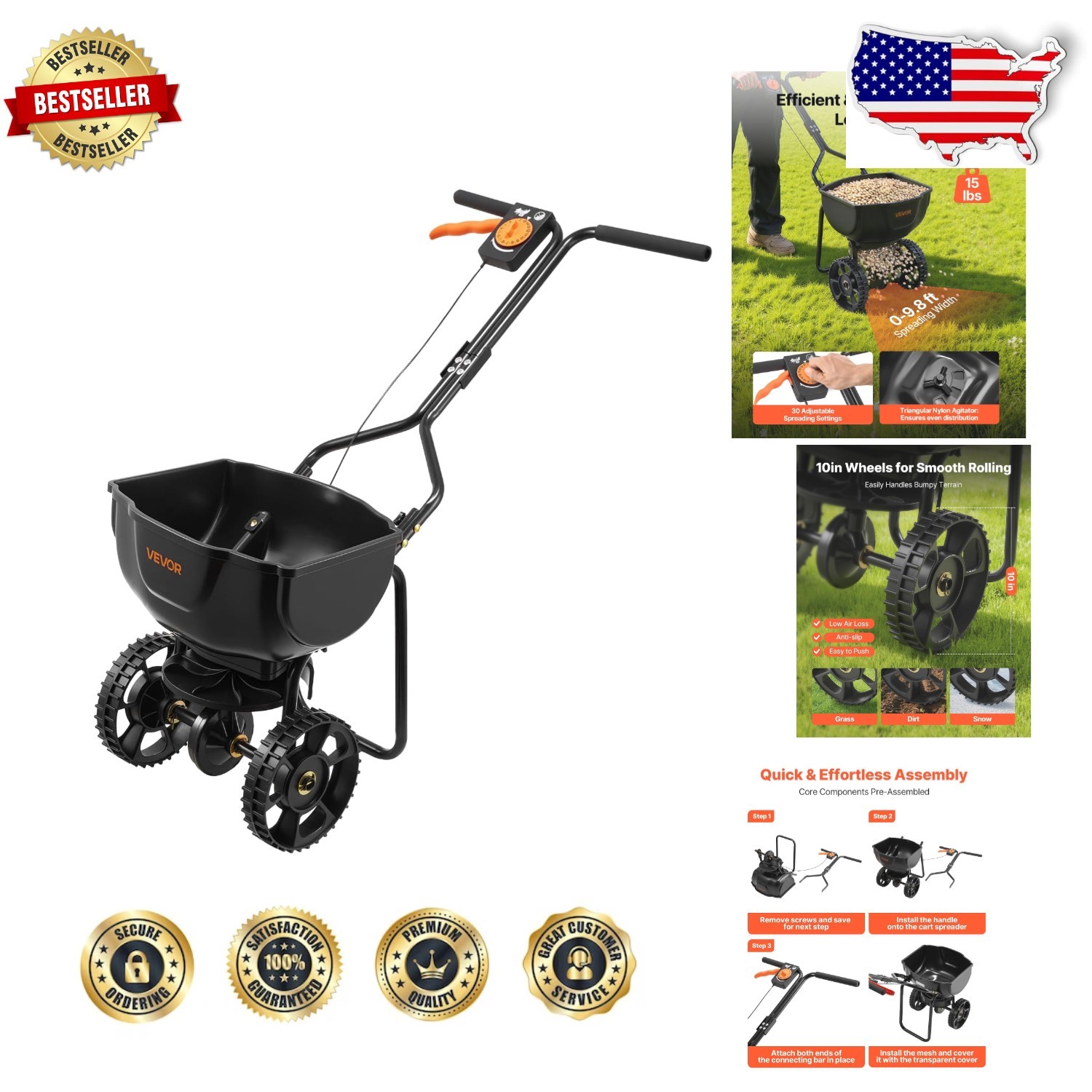 Durable 15lb Push Lawn Spreader 9.8ft Spread, All-Terrain Tires, Easy Assembly