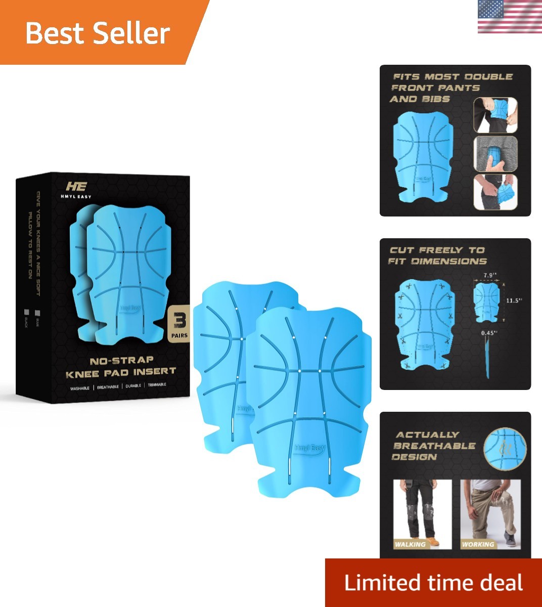 Breathable No Strap Knee Pad Inserts - Heavy Duty, 3 Pairs, 11.5''×7.9''×0.45''