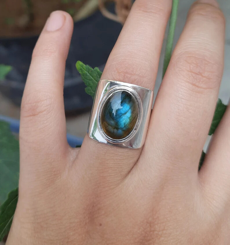 Natural labradorite 925 Sterling Silver Band &Statement Handmade Ring All size
