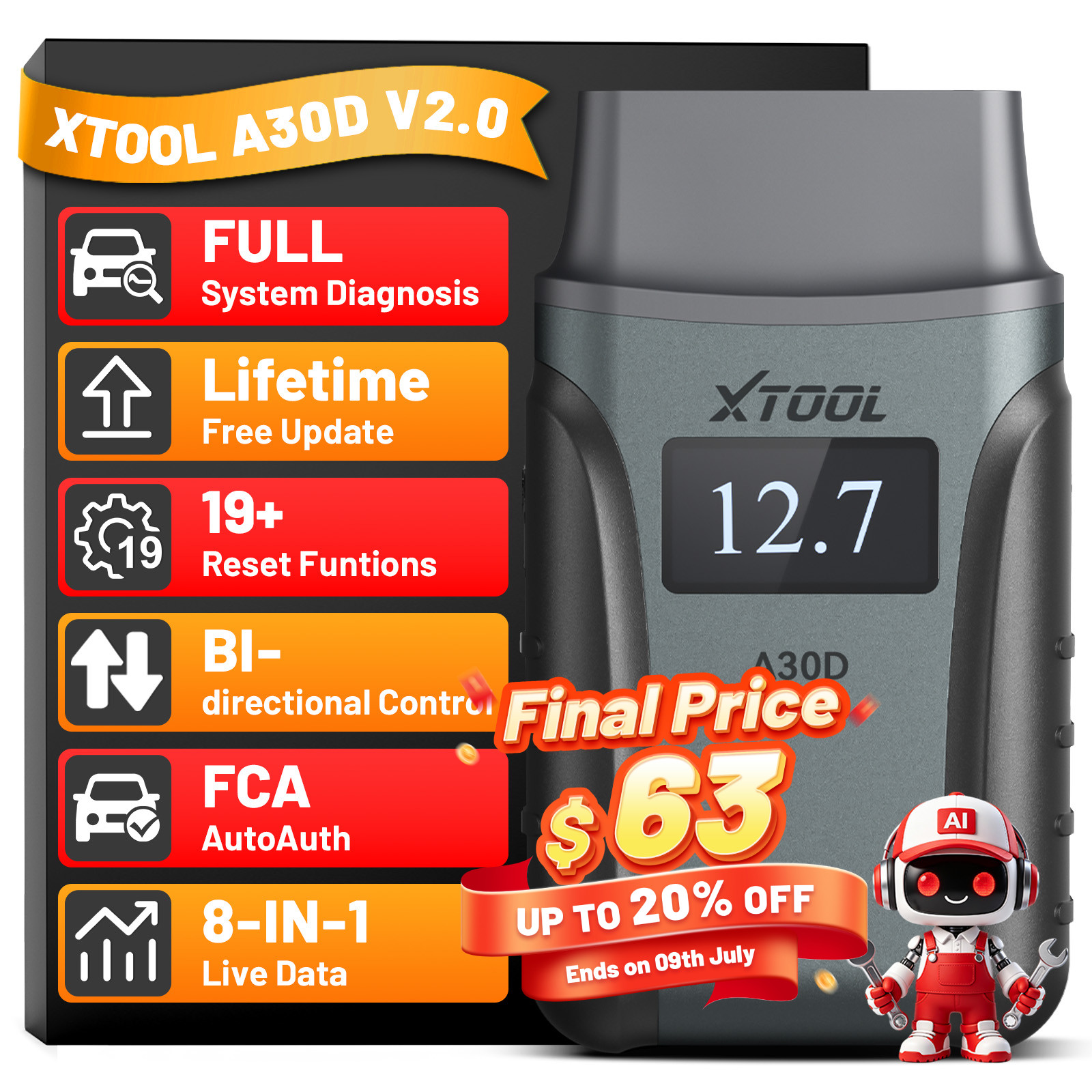 XTOOL A30D V2.0 BT Wireless OBD2 Scanner Diagnostic Tool Full System Code Reader