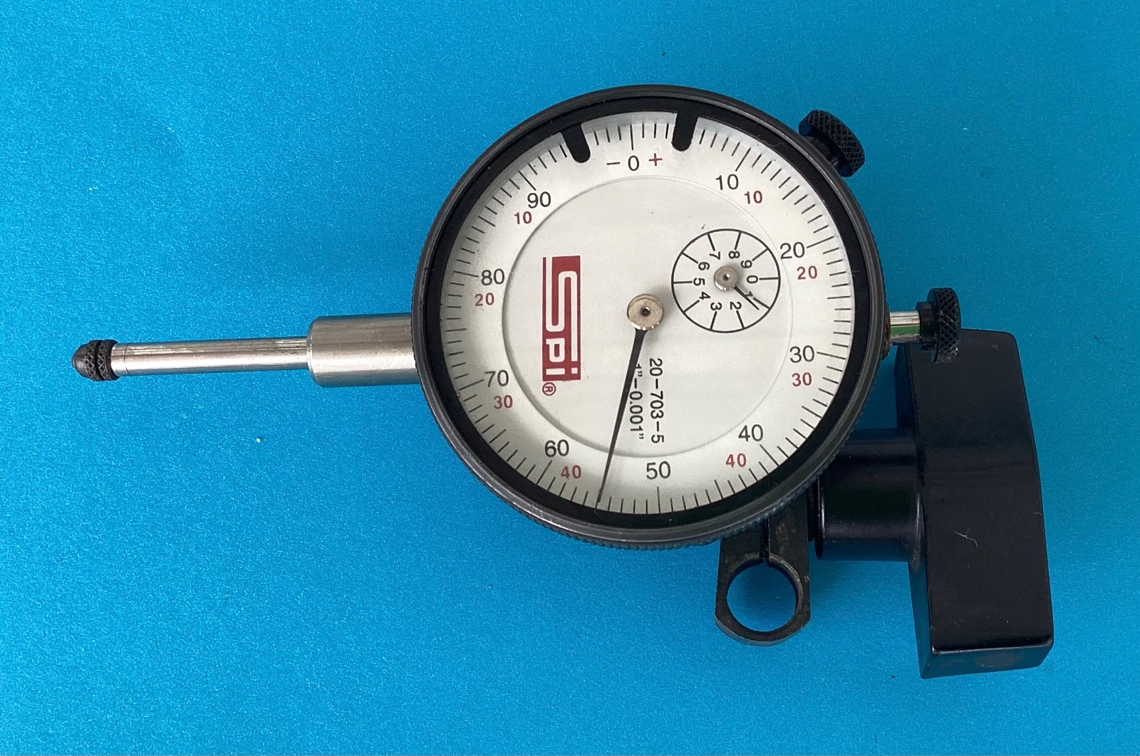 SPI 20-703-5 Dial Indicator: 1" Range, 0-100 & 0-50-0 Reading, 2.25" Dial Diam