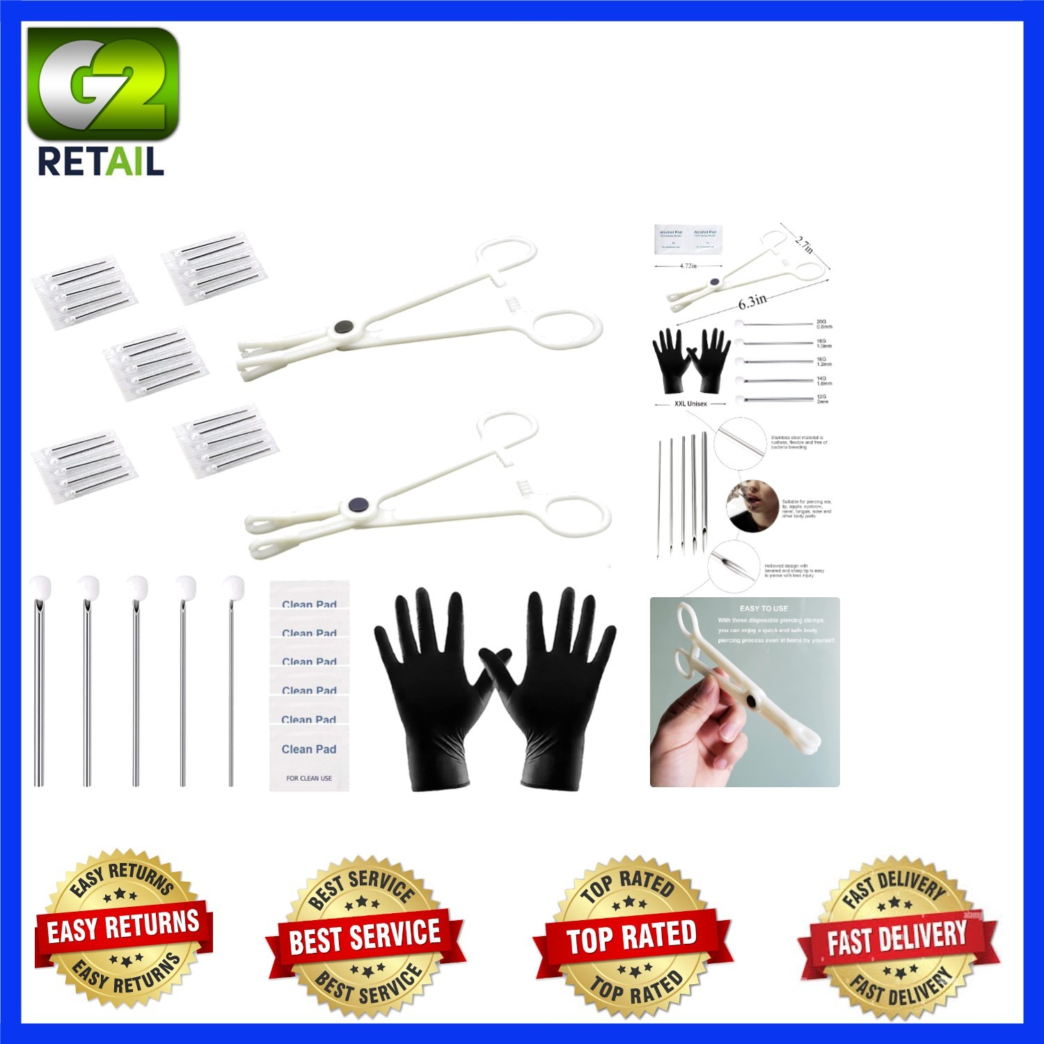 Luxury 35PCS Piercing Kit - 12G to 20G Needles & Clamps for Safe Piercing