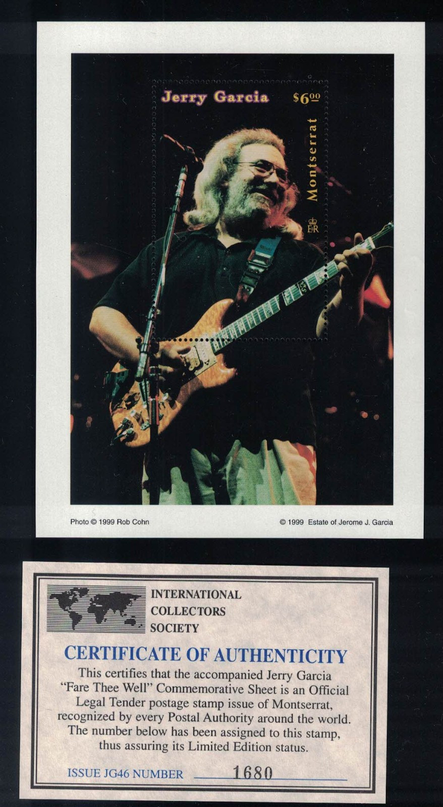 Jerry Garcia Single Stamp 4.5x6 Souvenir Sheet, 1999 Montserrat w/ COA, ex/nm