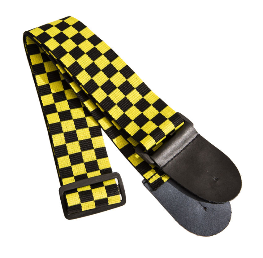 Cotton Check Leather Head Guitar Strap 2" Wide Black & Yellow