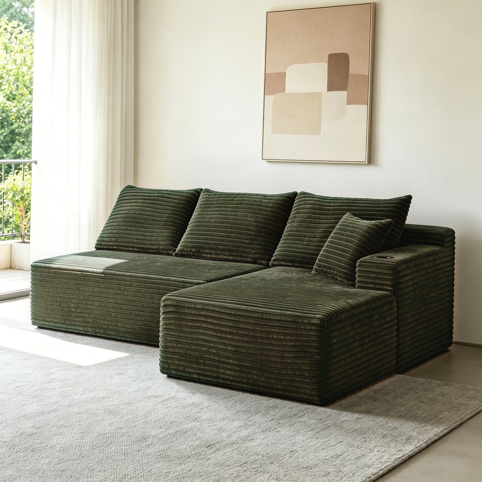 96" Cloud Sectional Sofa with L-Shape Chaise, Green Plush Corduroy
