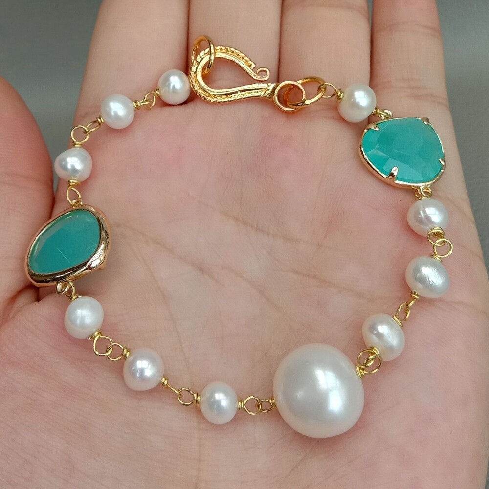 White Baroque Pearl Blue Crystal Bracelet 8''