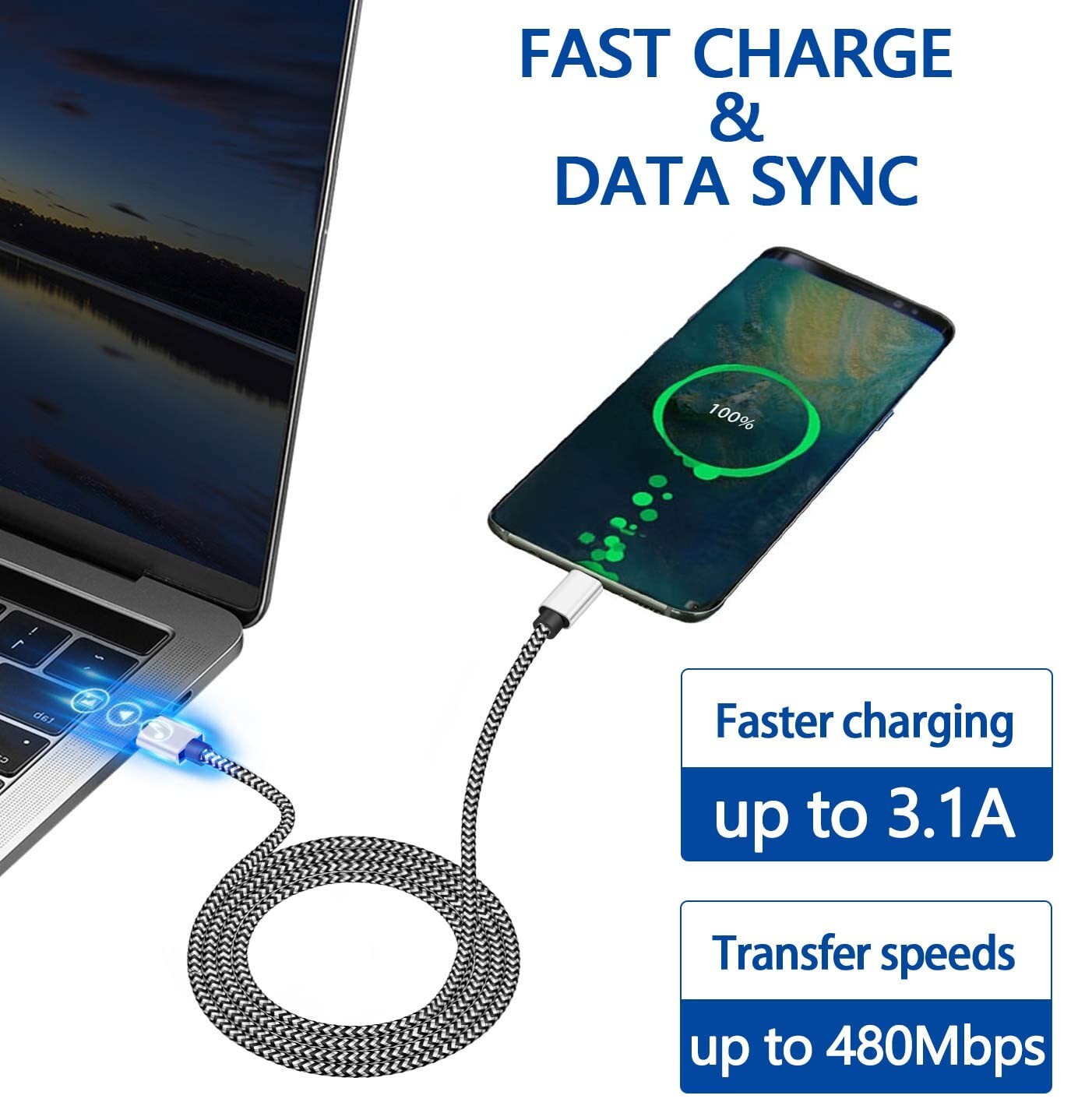 3Pack Braided USB C Type-C Fast Charging Data SYNC Charger Cable Cord 3/6/10FT