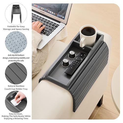 Bamboo Couch Cup Holder Arm Tray Table，Couch Drink Holder，Sofa Cup Holder Gray