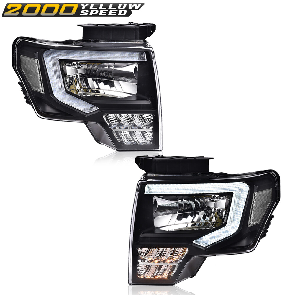 Fit For 2009-2014 Ford F-150 Headlights Black/Clear LED DRL Head Lamps