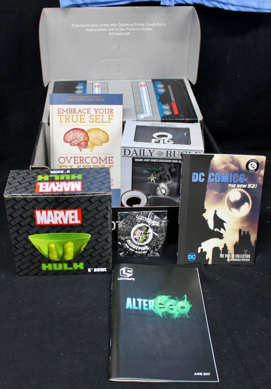 Original June 2017 Loot Crate Complete Box Spiderman Alter Ego Hulk Transformers