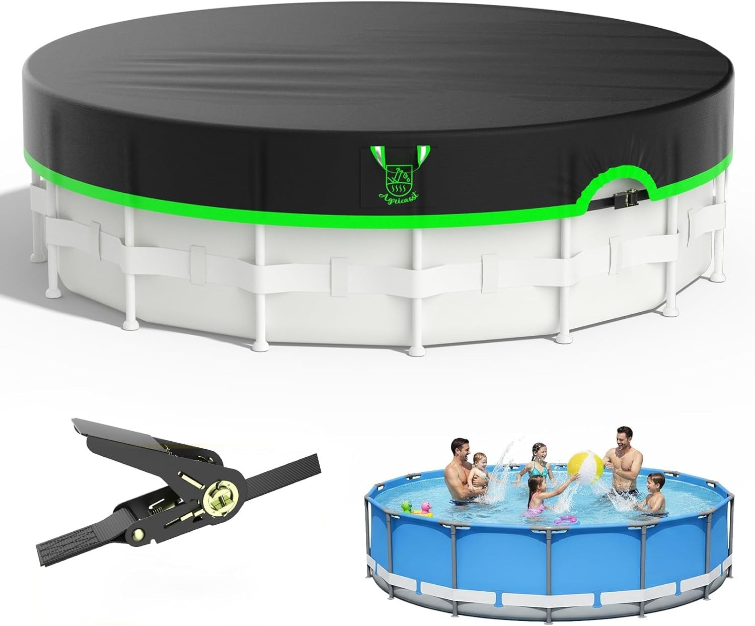 15Ft round Pool Cover, 420D Heavy Duty above Ground Pool Cover with Sturdy Strap