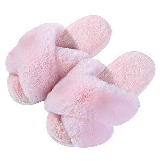 Women's Fuzzy Slippers Cross Band Memory Foam House Slippers Open 8.5-9.5 Pink