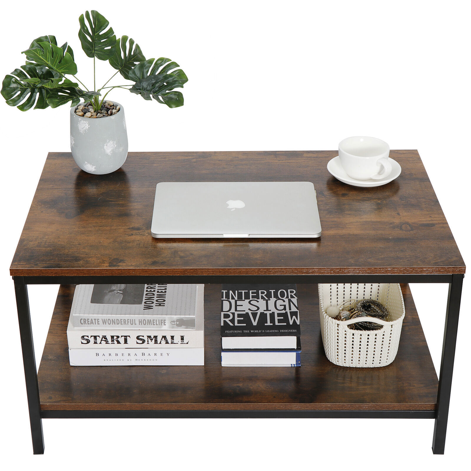 2-Tier Industrial Coffee Table Rectangle TV Stand Side End Table w/Storage Shelf